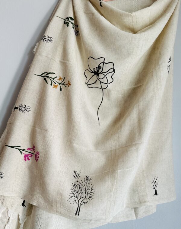 Hand-painted wild floral patterned scarf/throw | Ivory - Image 2